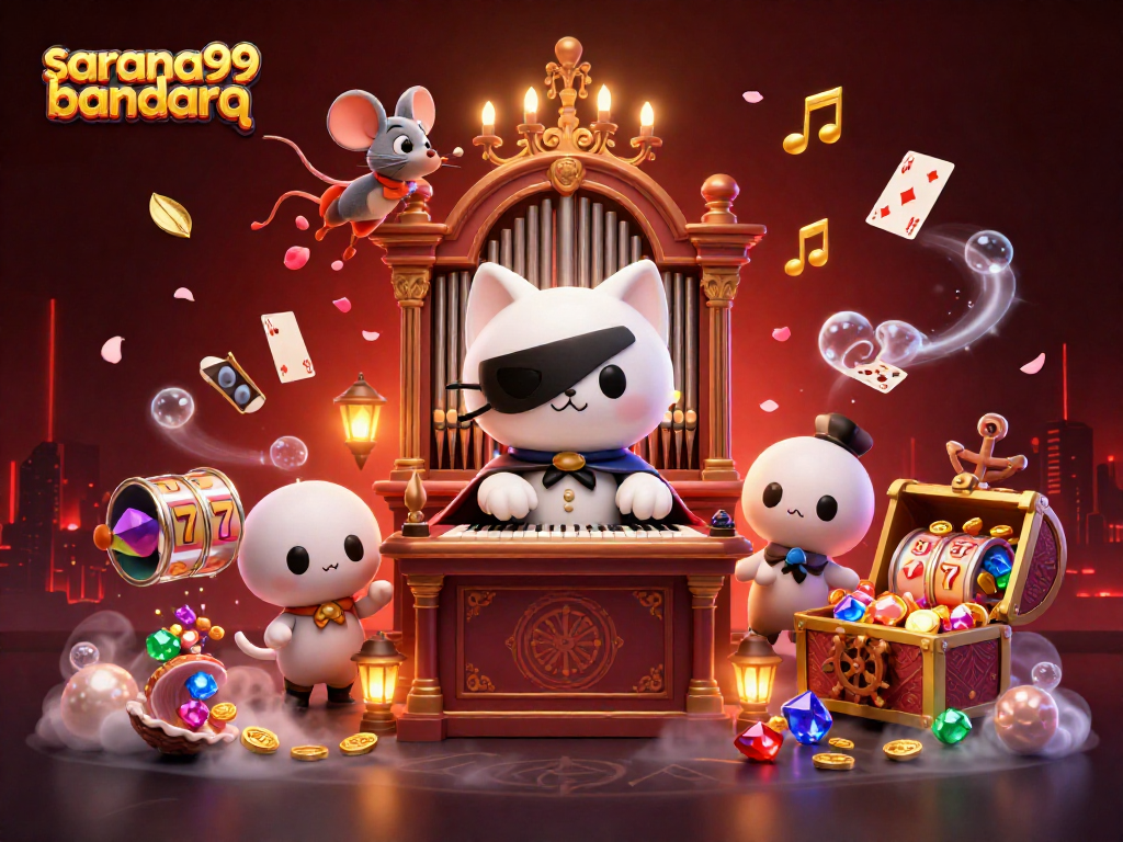 Sarana99 bandarq gaming scene featuring whimsical characters with playing cards and casino elements.