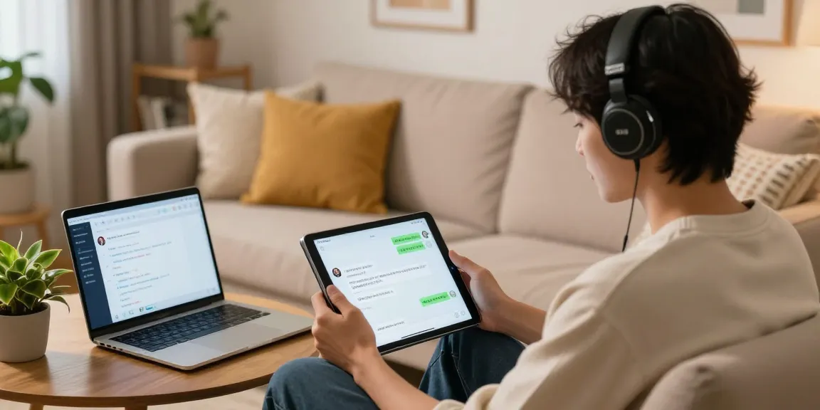 Engaged user experiencing nsfw ai chat on tablet in a cozy environment with warm lighting.