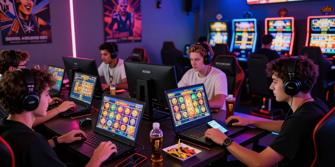 Players enjoying GARUDA55 online slot games in a vibrant gaming lounge.