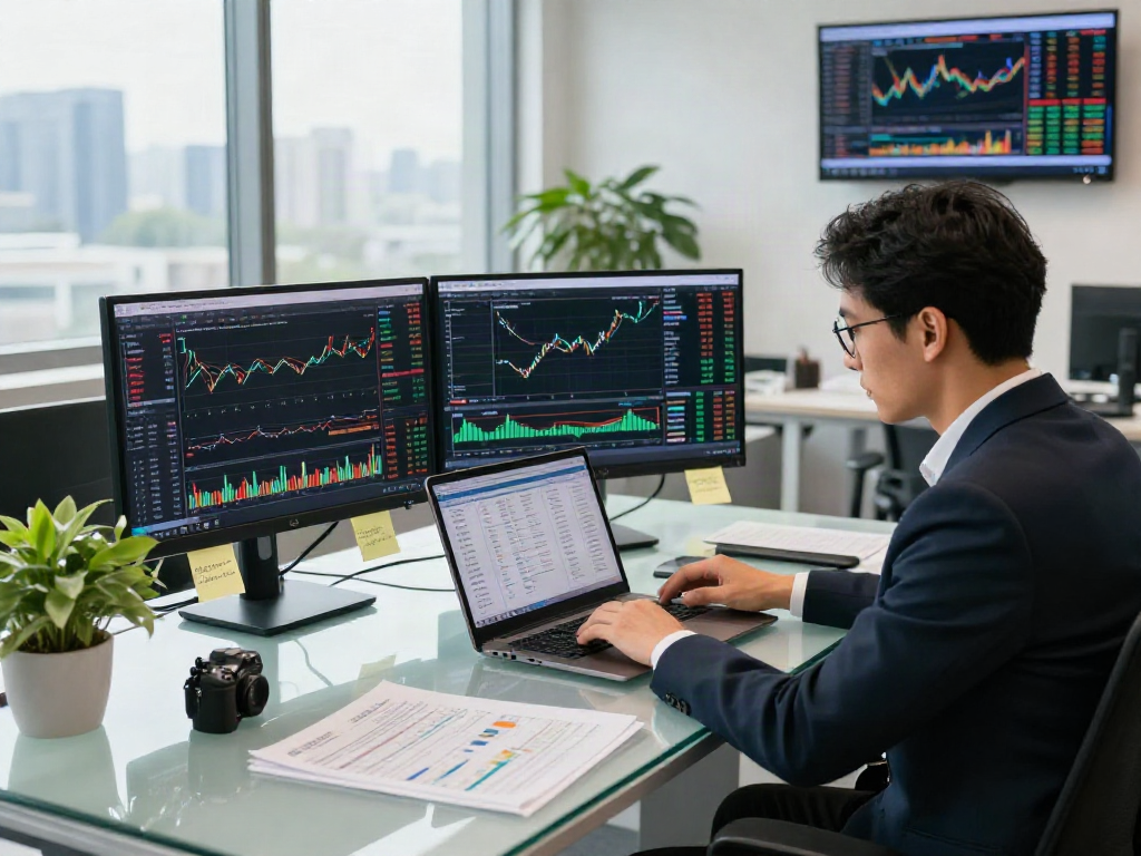 Financial analyst reviewing depo 10k investment reports in a modern office.