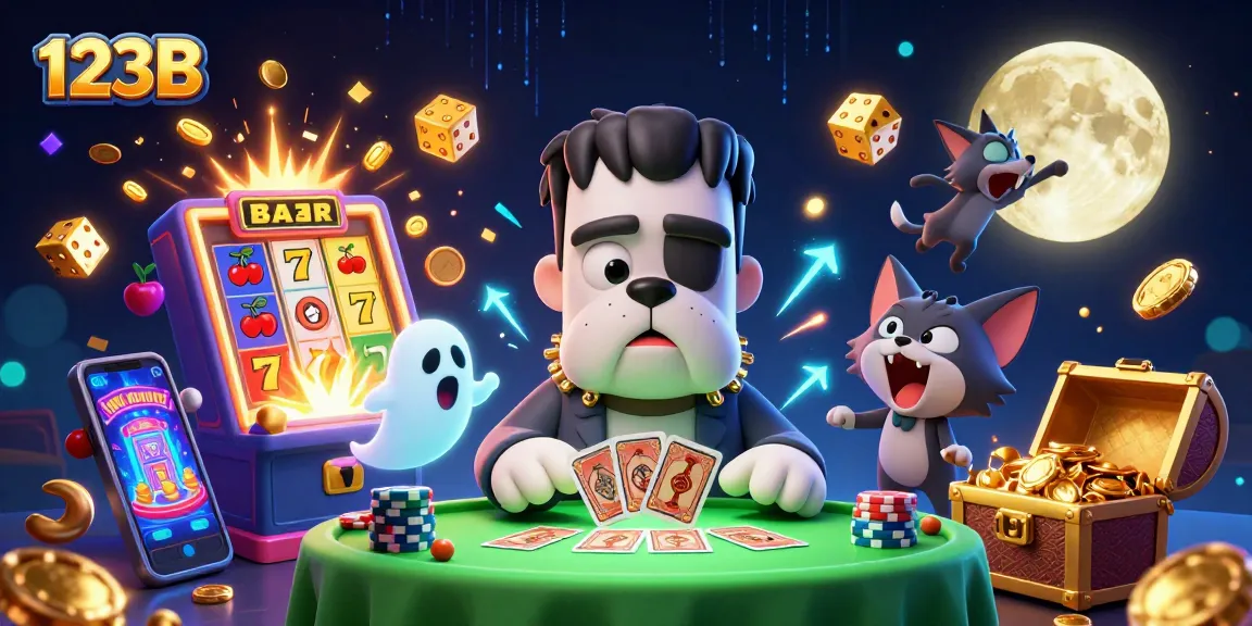 Engage with 123B's thrilling casino experience featuring a Frankenstein bulldog dealer amidst vibrant gaming elements.