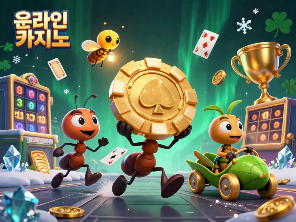 온라인카지노의 매력을 뽐내는 캐릭터들이 금색 포커 칩을 운반하는 장면을 담은 3D 일러스트레이션