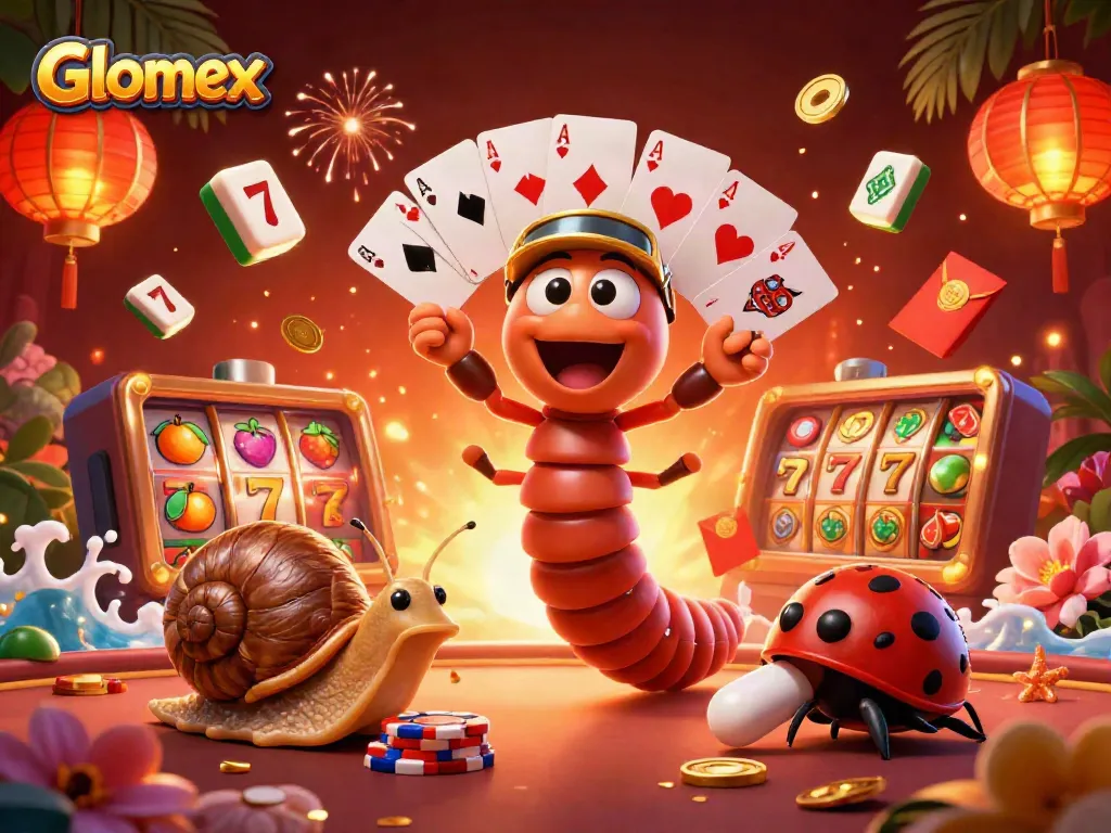 Engage with Glomex casino thrills featuring a playful millipede dealer amidst dynamic slot games.