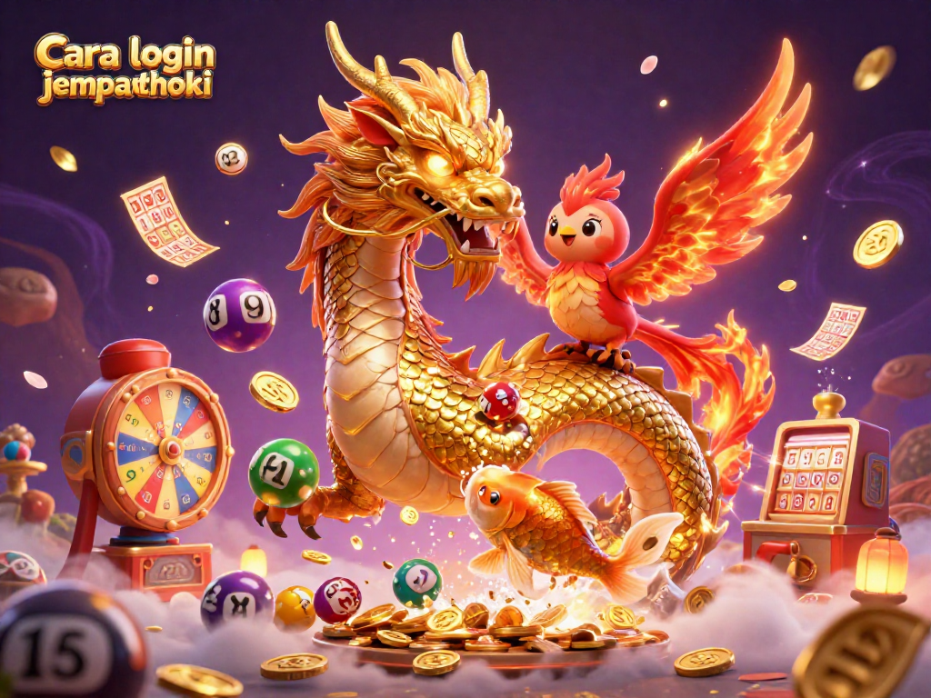 Experience cara login jemputhoki with a vibrant casino-themed 3D illustration featuring dragons and game elements.