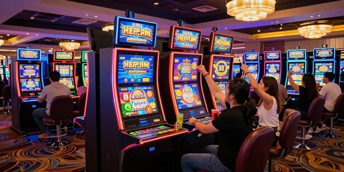 Pengunjung bermain mesin slot88 yang ceria di kasino, suasana kehidupan malam yang ramai.