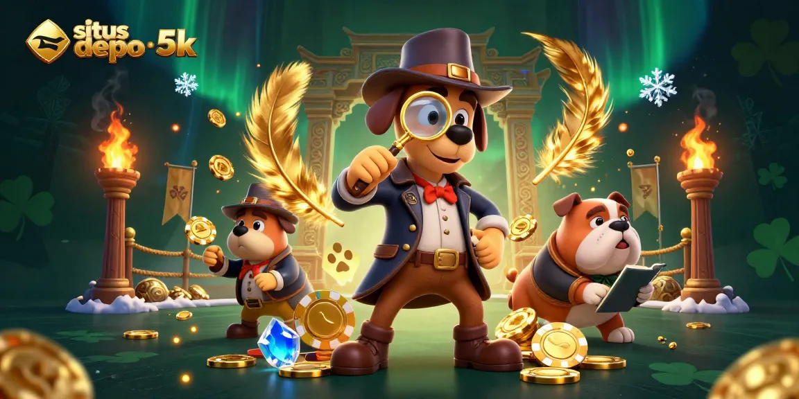 Engage in situs depo 5k gaming with exciting characters hunting for golden poker chip clues in this vibrant illustration.