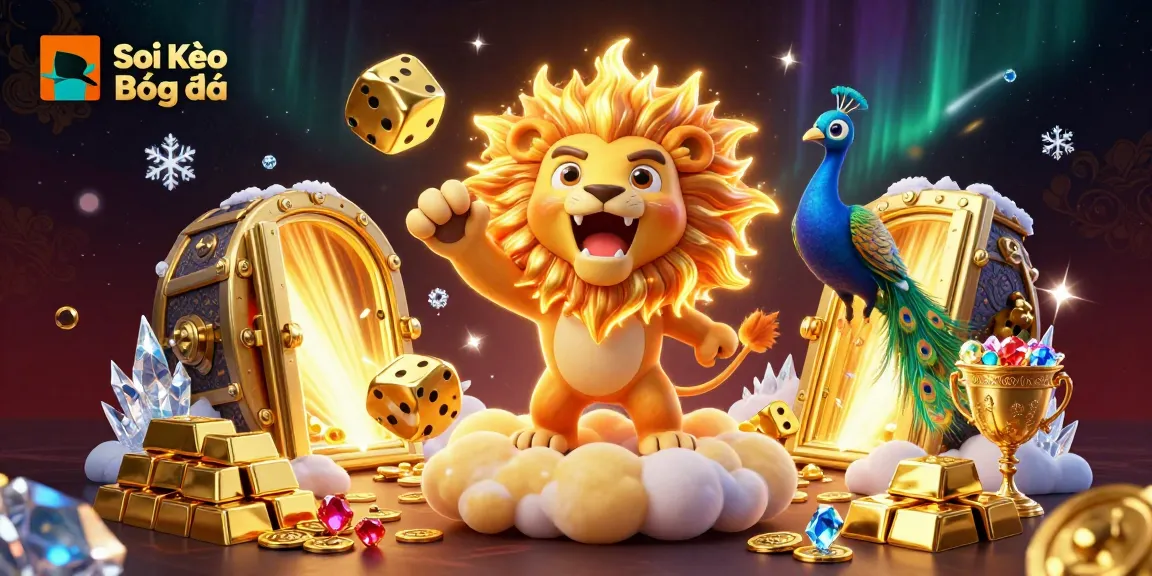 Soi Kèo Bóng Đá captures the thrill of sports betting with a cartoon sun lion and casino gold elements.