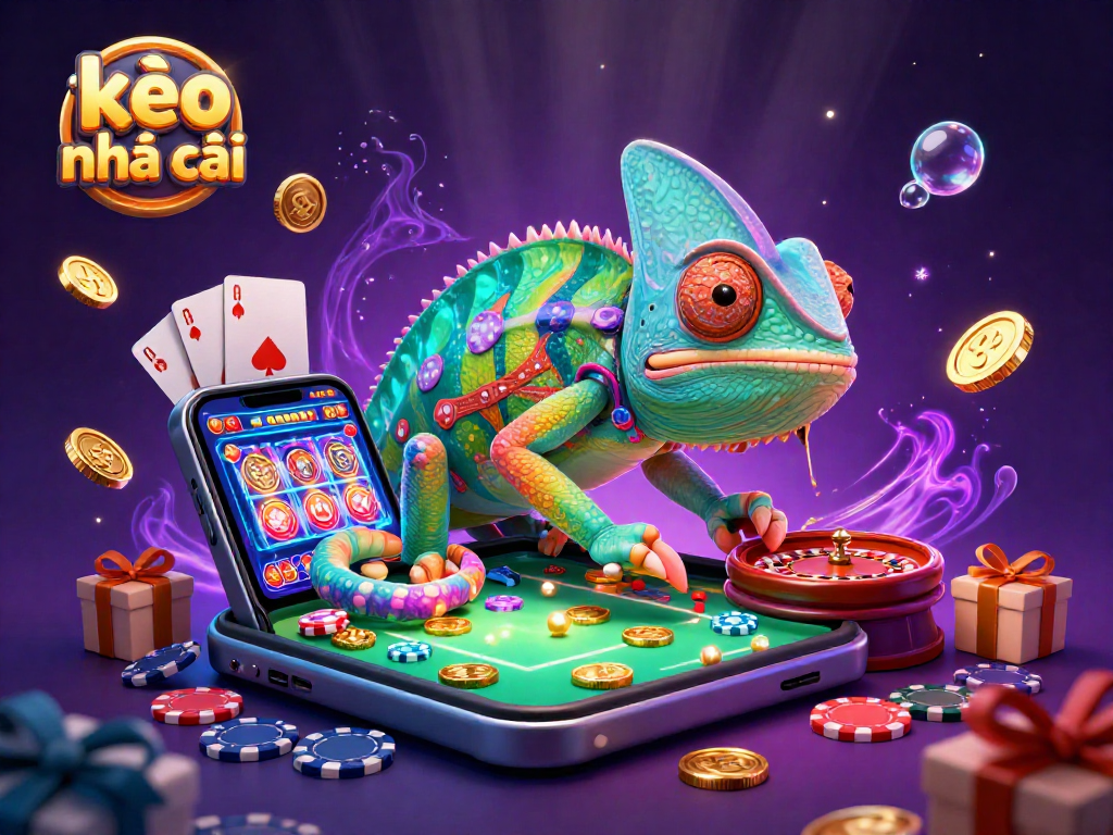 Engage with kèo nhà cái in a vibrant scene featuring a chameleon casino owner surrounded by exciting casino elements.