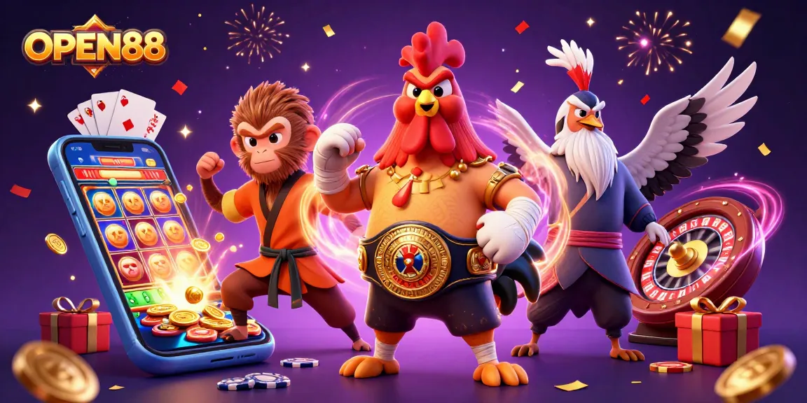 Engage with OPEN88, featuring a vibrant 3D illustration of a Muay Thai rooster and Shaolin monkey amidst exciting casino games.