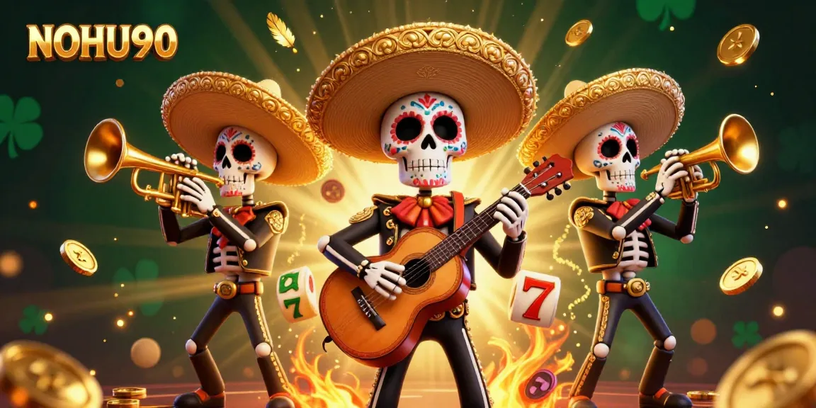 Experience the excitement of NOHU90 with a colorful mariachi band celebrating casino fun amidst gold coins and slot elements.