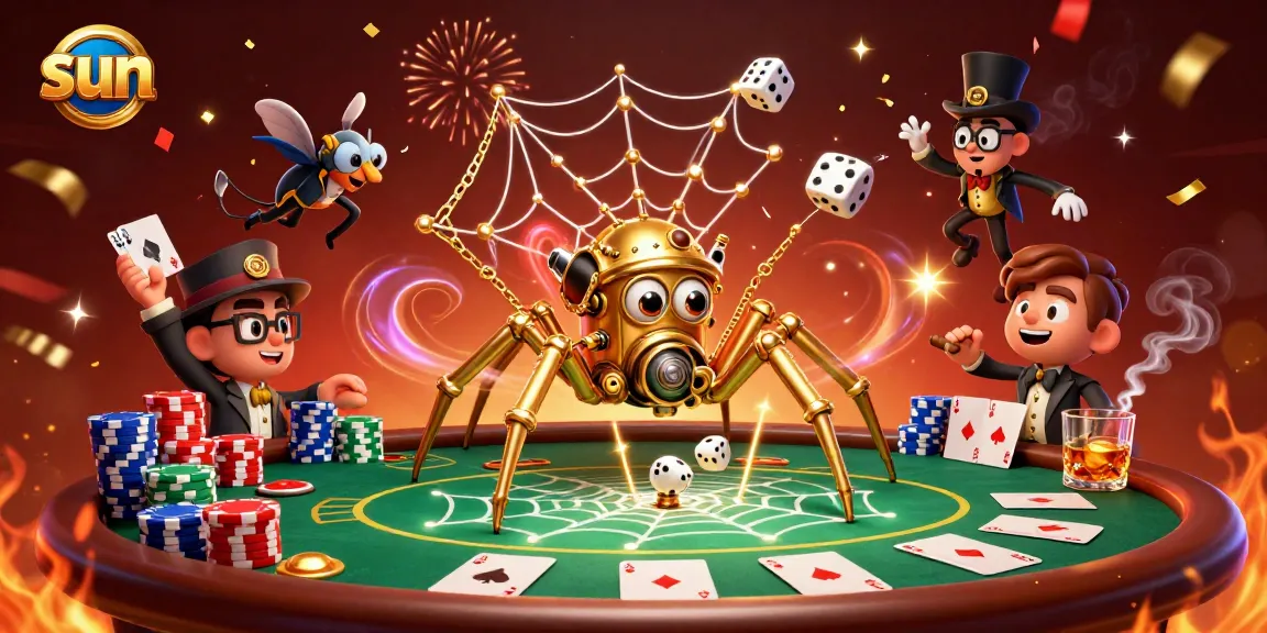 Engage with sun-themed casino fun, featuring a golden spider and poker elements in an action-packed scene.