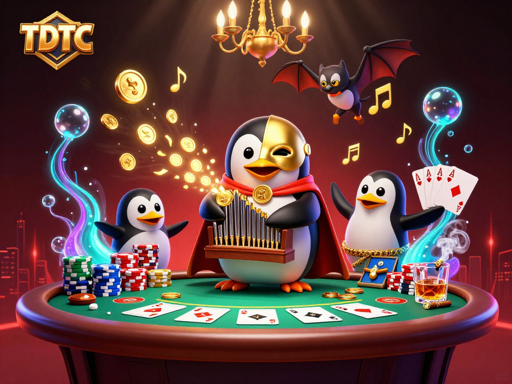 Engage in the thrilling TDTC casino experience with a vivid 3D scene of vibrant characters and poker elements.