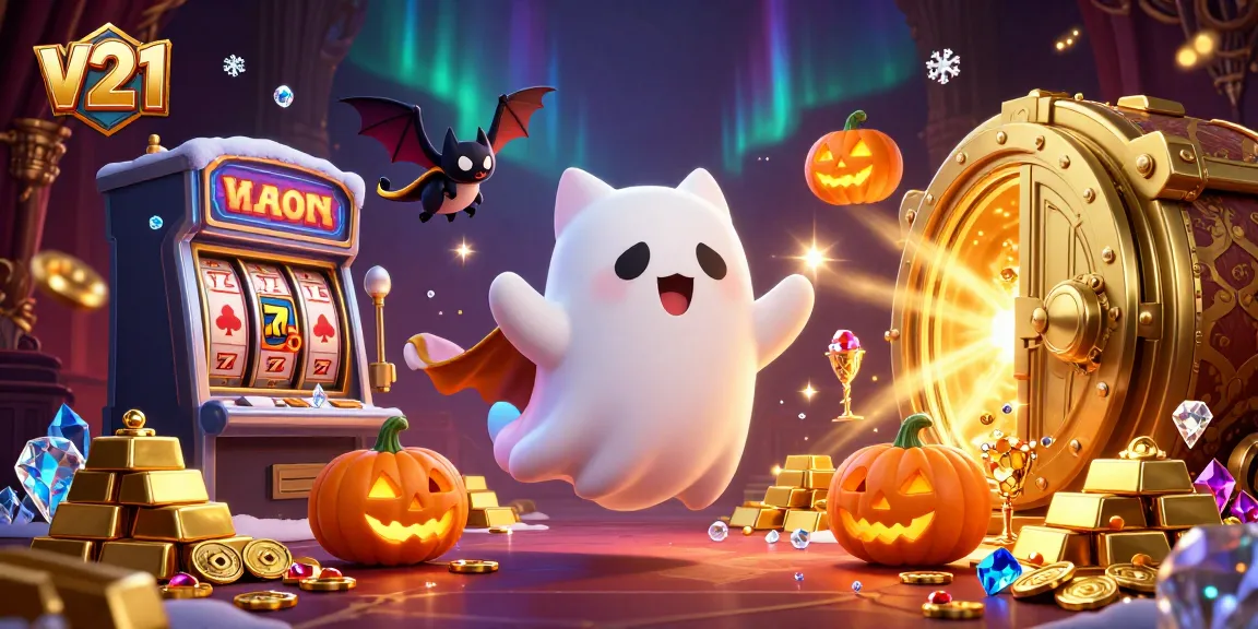 Permainan slot v21 di kasino berhantu dengan elemen keberuntungan dan harta karun bersinar.