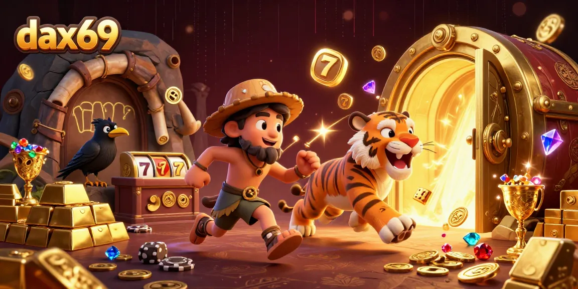 DAX69 menampilkan permainan mesin slot dengan jackpot besar dan karakter menarik dalam suasana kasino pra-sejarah.