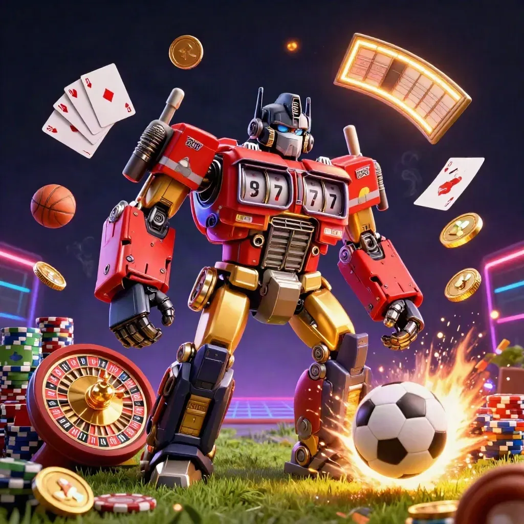 Golden gorilla mech kicks a soccer ball amid casino coins, chips, roulette wheel, and neon smoke.