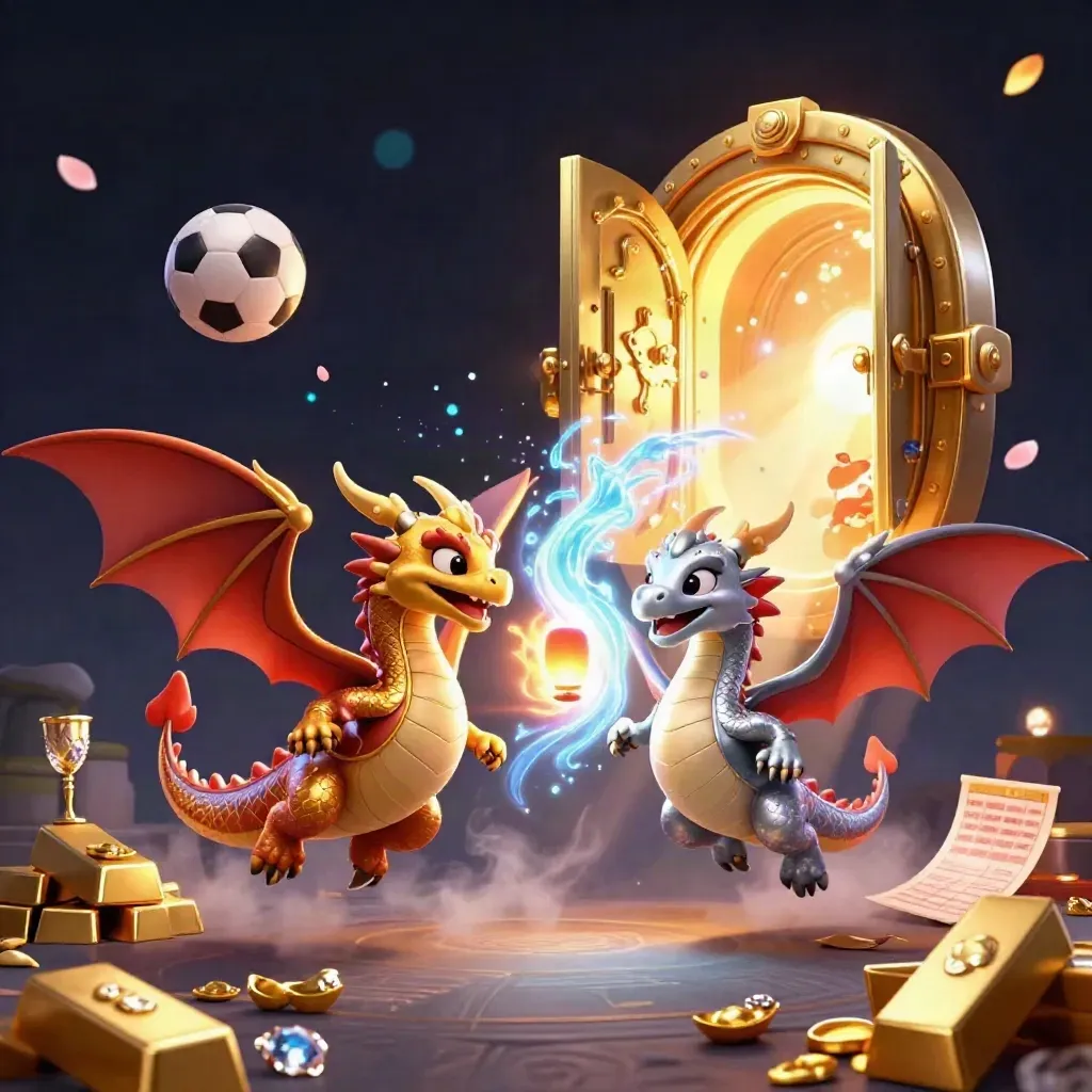 Gold and silver dragons spiral through vault light with casino loot on a dark neon backdrop.