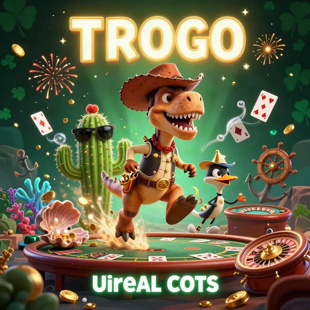 Cowboy T-Rex, cactus sidekick, and sheriff roadrunner amid treasure, cards, and neon casino magic.