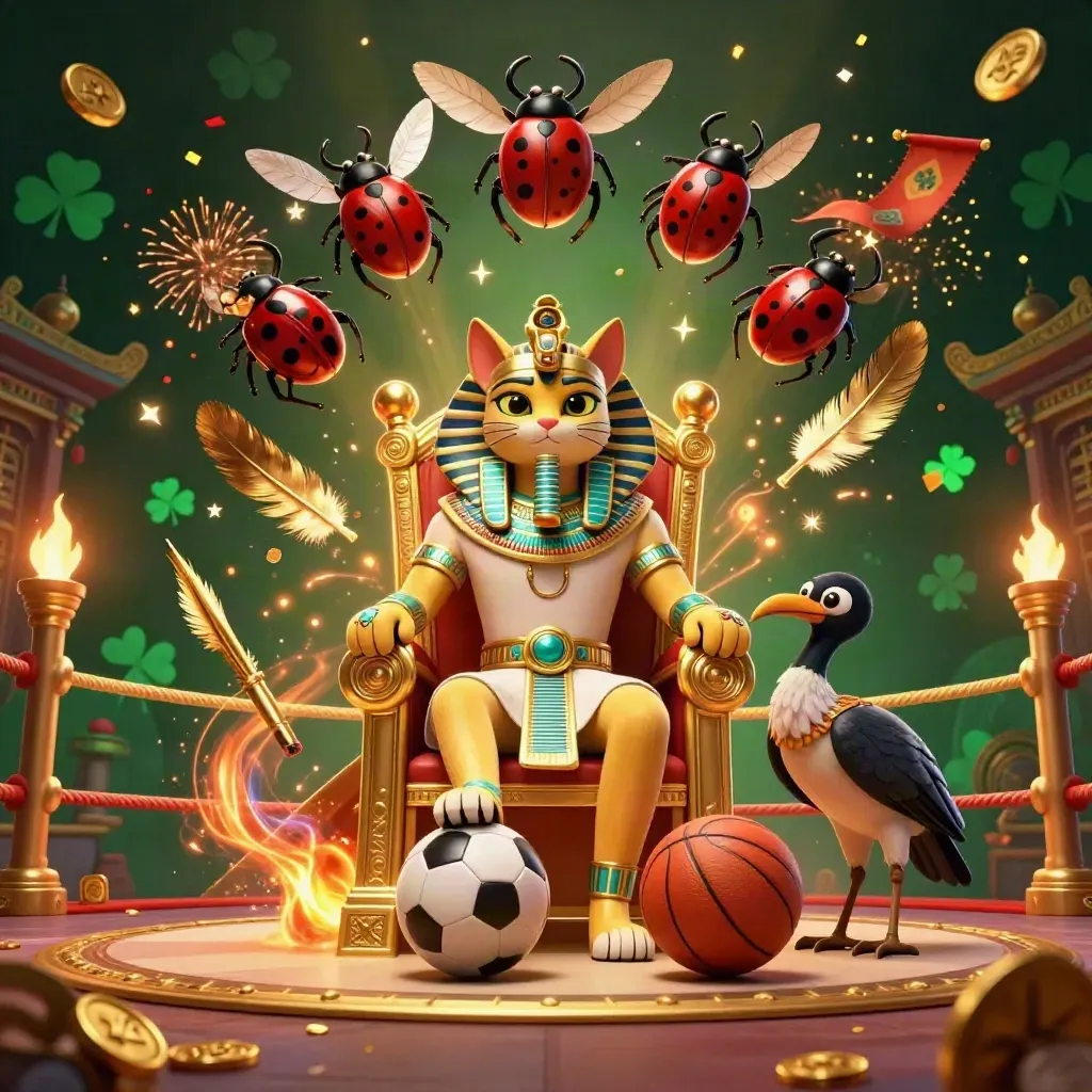 Pharaoh cat, ibis scribe, and gem-winged scarabs amid flying balls and casino lights.