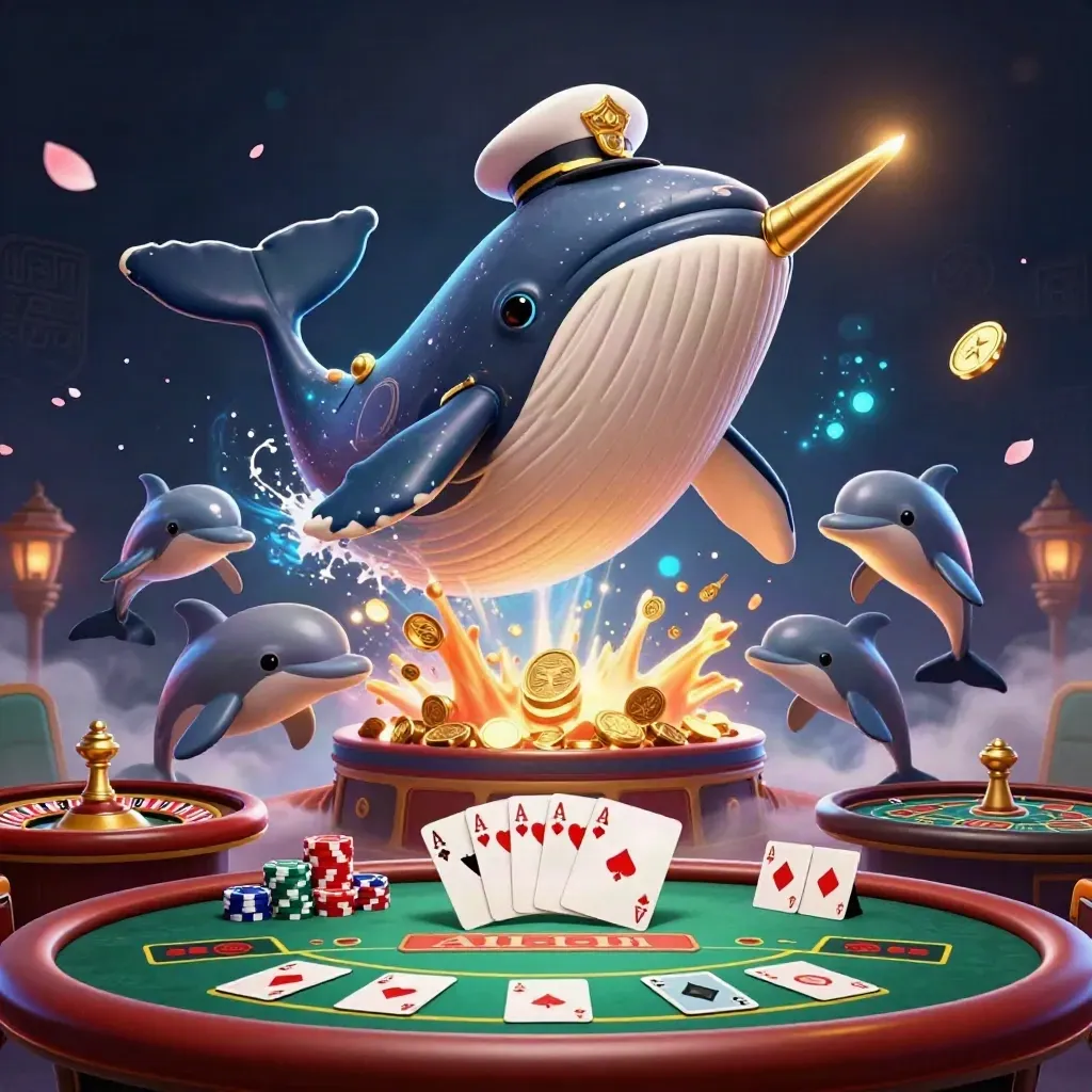 Captain whale, narwhal, and dolphins burst through coins in a neon casino scene