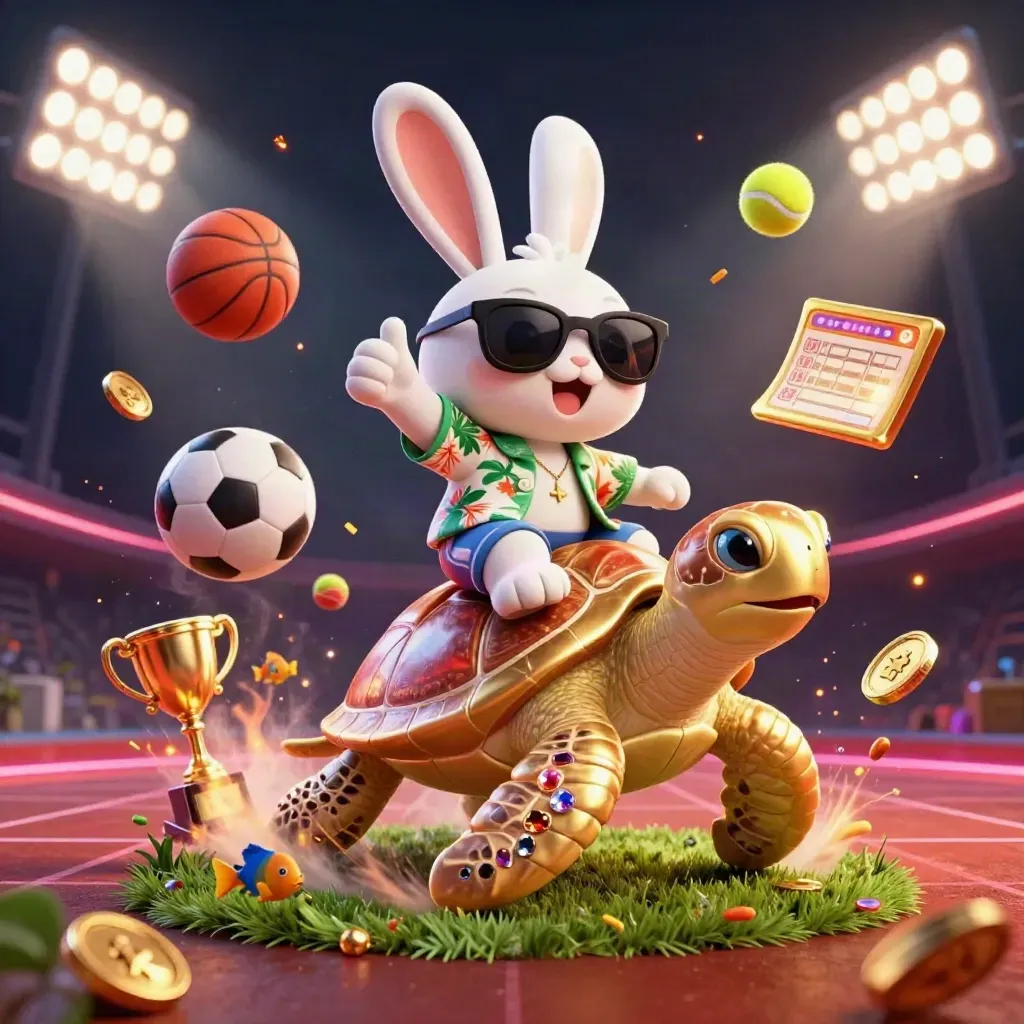 Rabbit on jeweled sea turtle amid flying sports balls, coins, trophy, lights, and neon casino haze.