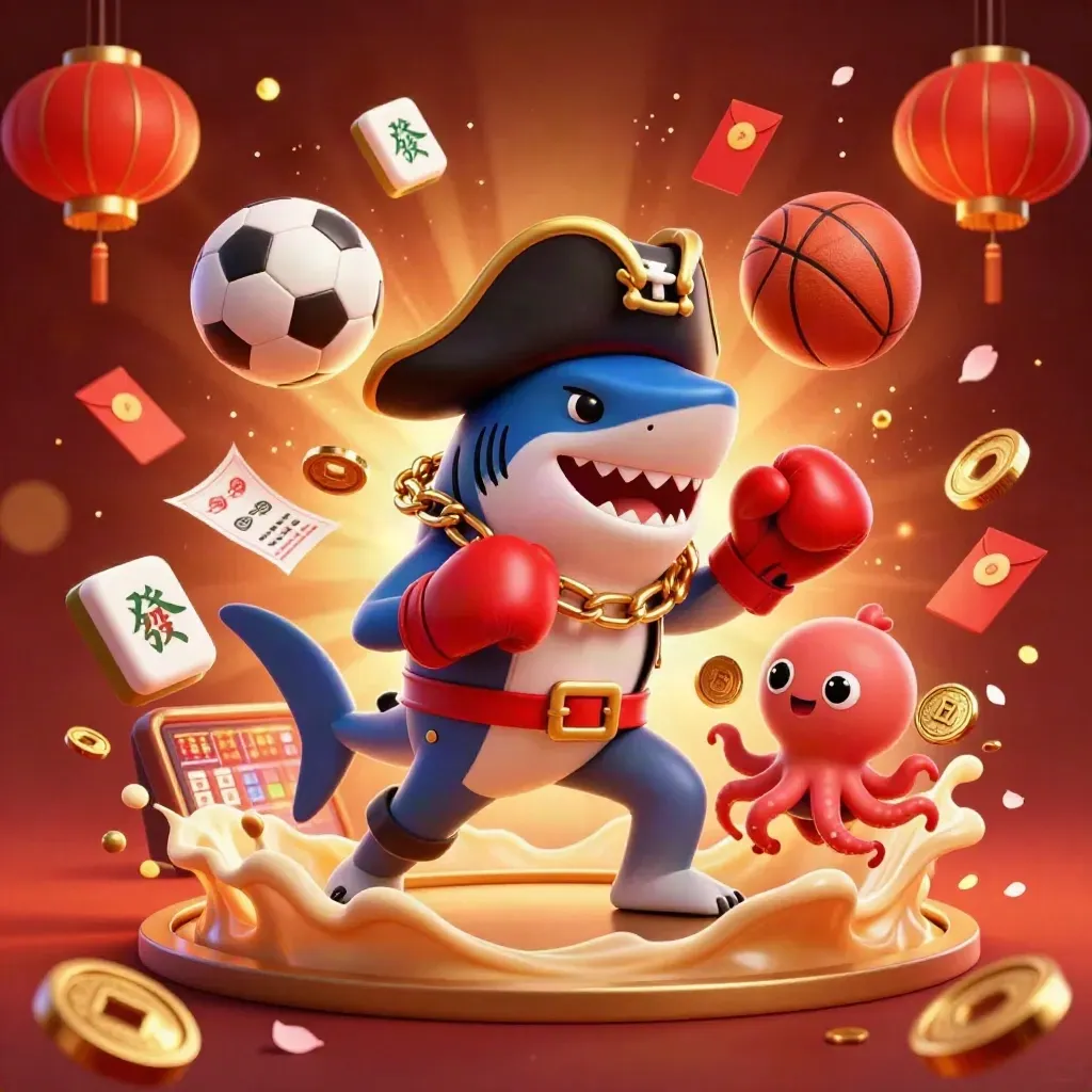 Pirate shark, pufferfish, and octopus amid casino sports icons in red-gold neon.