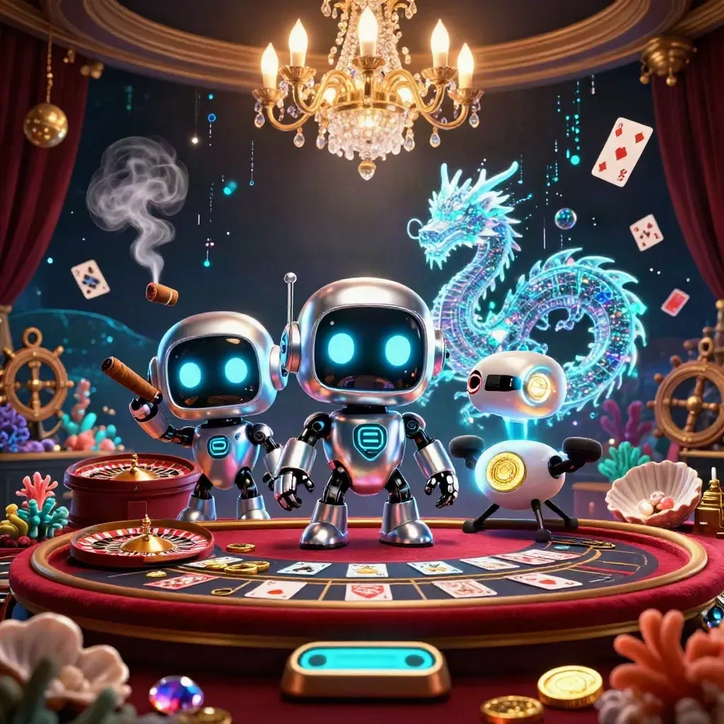 Cyberpunk robot, holographic dragon, and drone in a luxe casino-cove with gold coins and neon effects.
