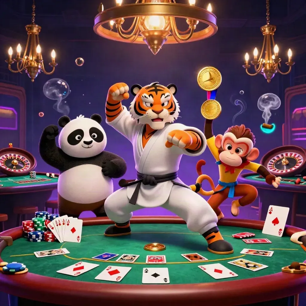 Tiger, panda, and monkey around glowing casino tables with chips, cards, and neon lights.