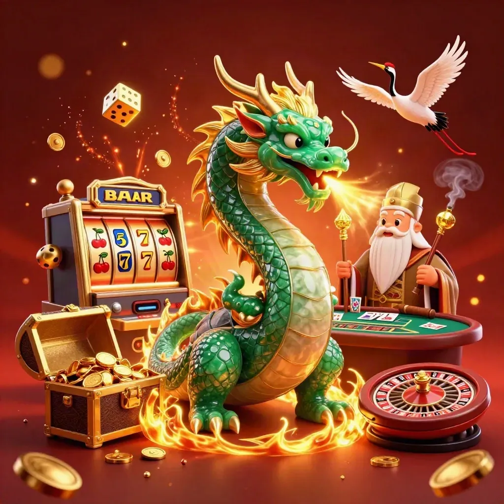 Jade dragon, turtle sage, cranes, slot machine burst, spinning roulette, gold and fire