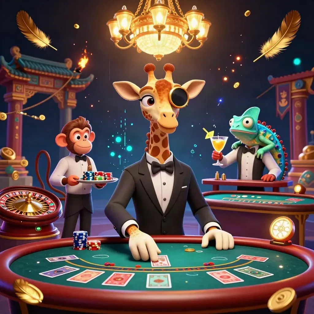 High-roller giraffe, monkey valet, and chameleon bartender in a luxe neon casino.
