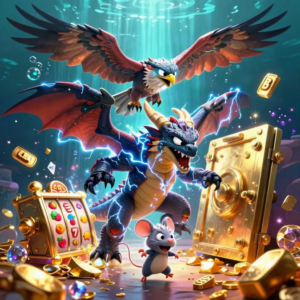 Thunder dragon, hawk, and static mouse burst from an open vault underwater with gold and gems.