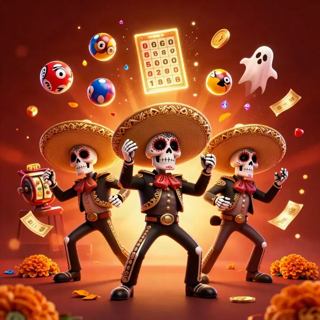 Day-of-the-Dead skeleton mariachi trio amid casino tokens, bingo card, prize wheel, and gold sparks