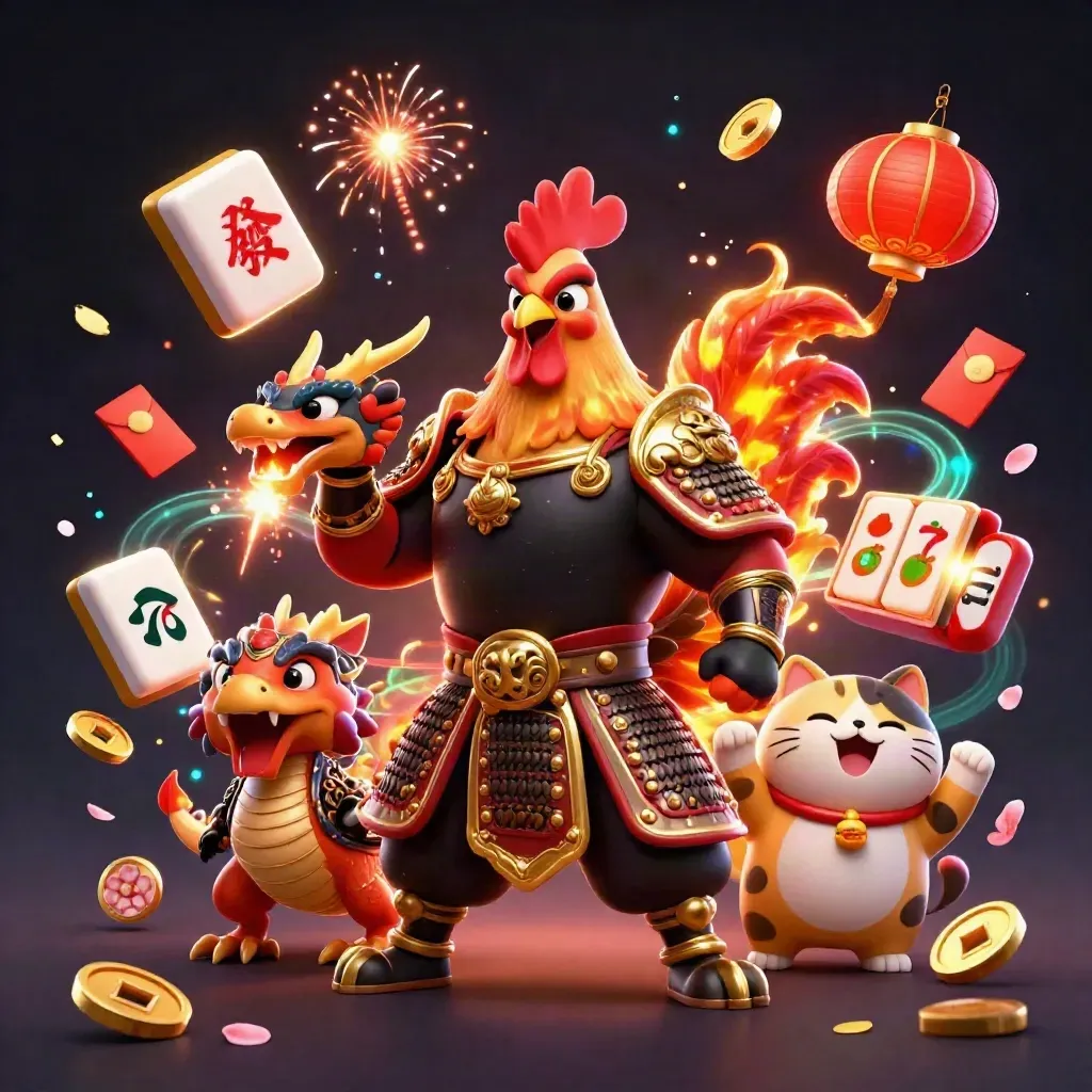 Rooster samurai, spark-breathing dragon hatchling, and fortune cat amid casino loot and neon magic.