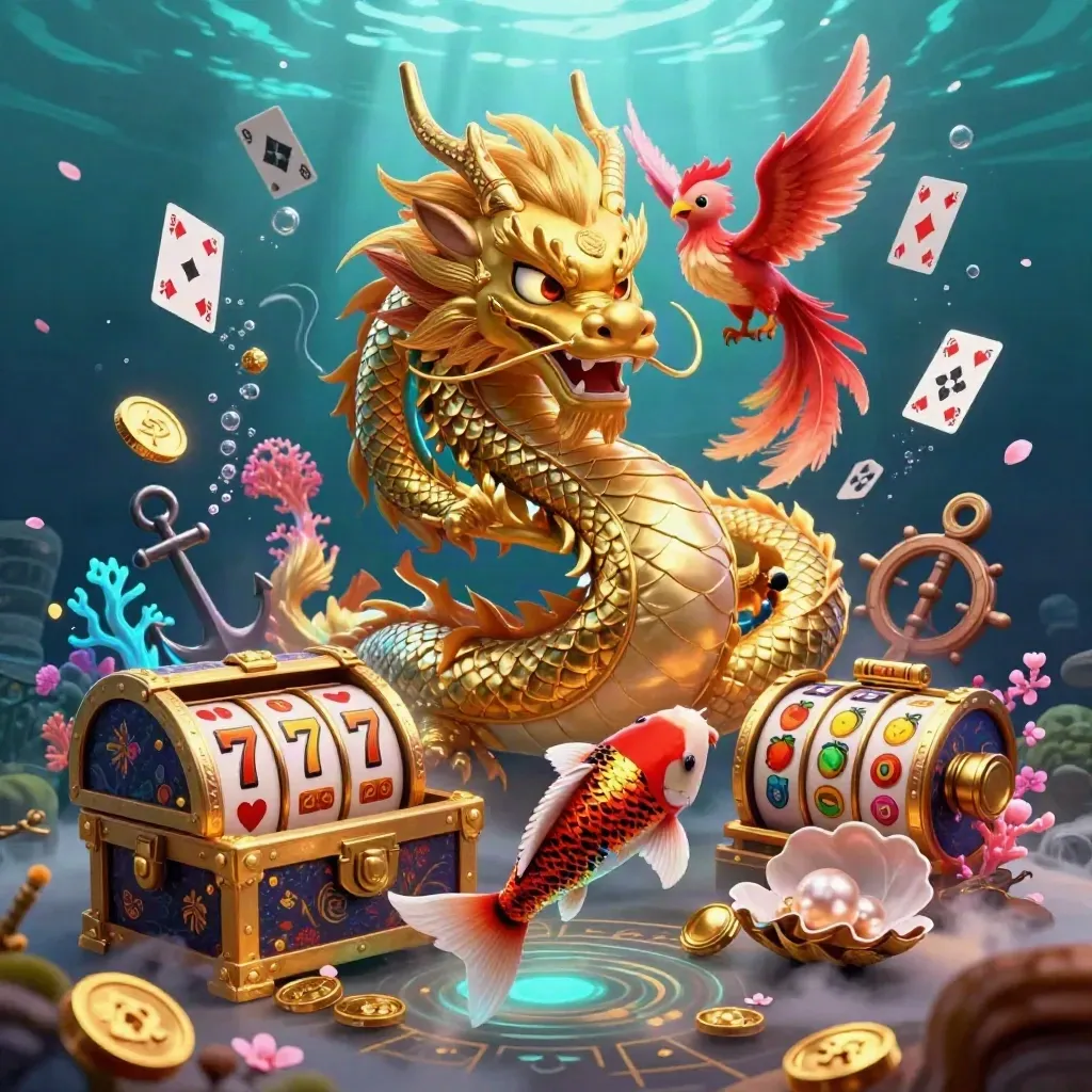 Golden dragon, phoenix, and koi erupting from an underwater treasure cove with neon casino glow.