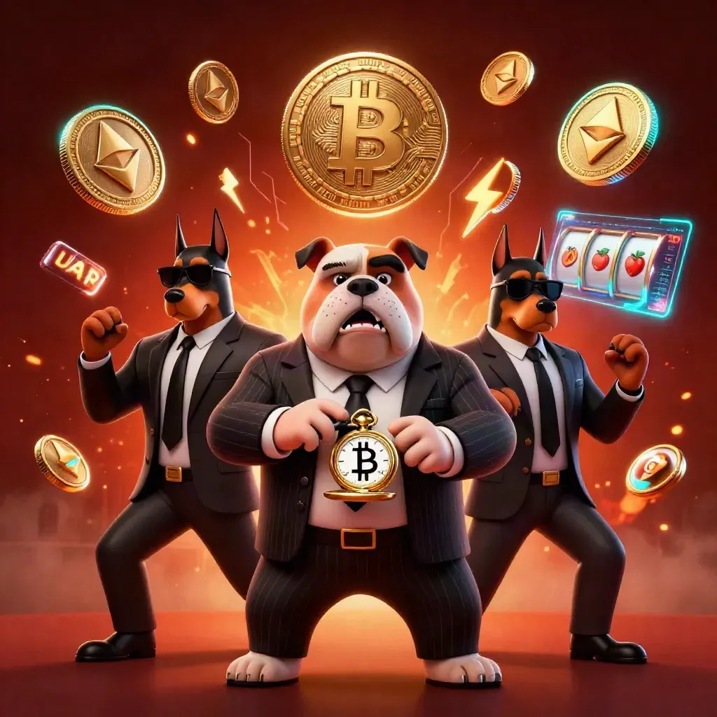 Mob bulldog and two Dobermans amid neon coins, embers, and casino power energy.