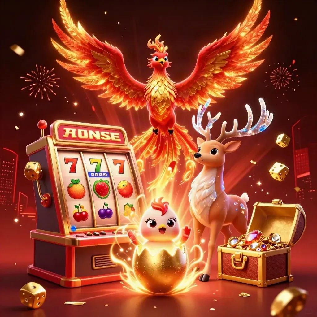 Phoenix, baby phoenix, and crystal stag amid jackpot bursts, gold, and casino loot