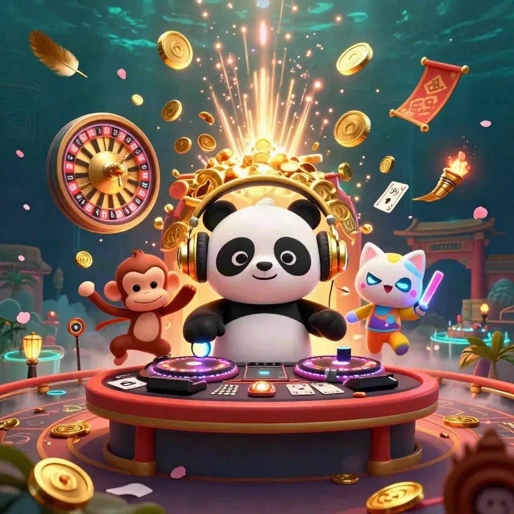DJ panda, monkey, and glow-stick kitten amid exploding coins and casino magic