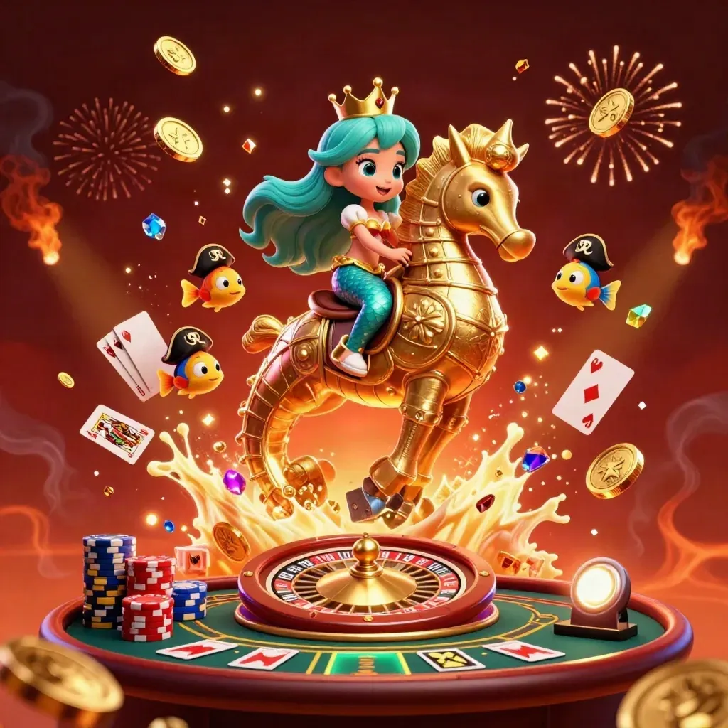 Mermaid princess on a golden seahorse amid coins, chips, cards, and fireworks in a luxe casino glow.