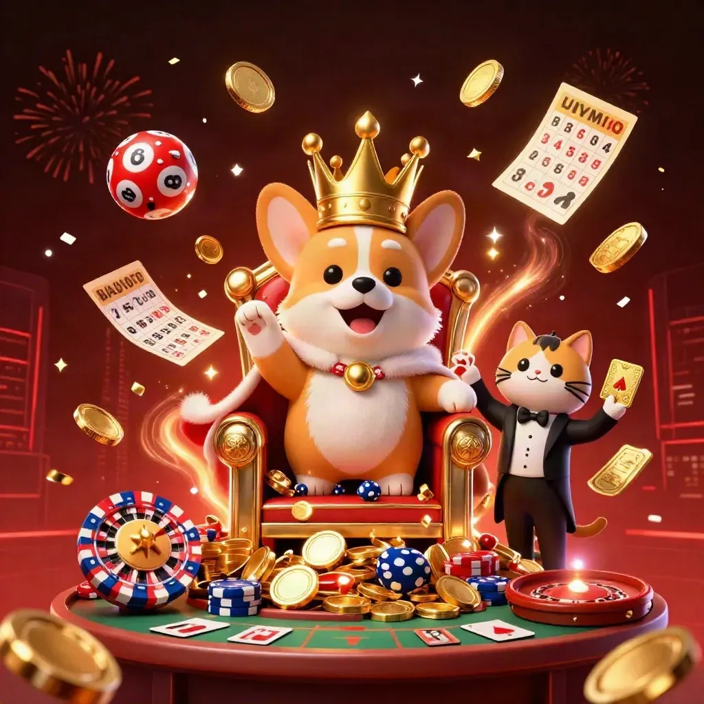 Royal corgi and cat butler amid casino coins, fireworks, roulette, and gold confetti.
