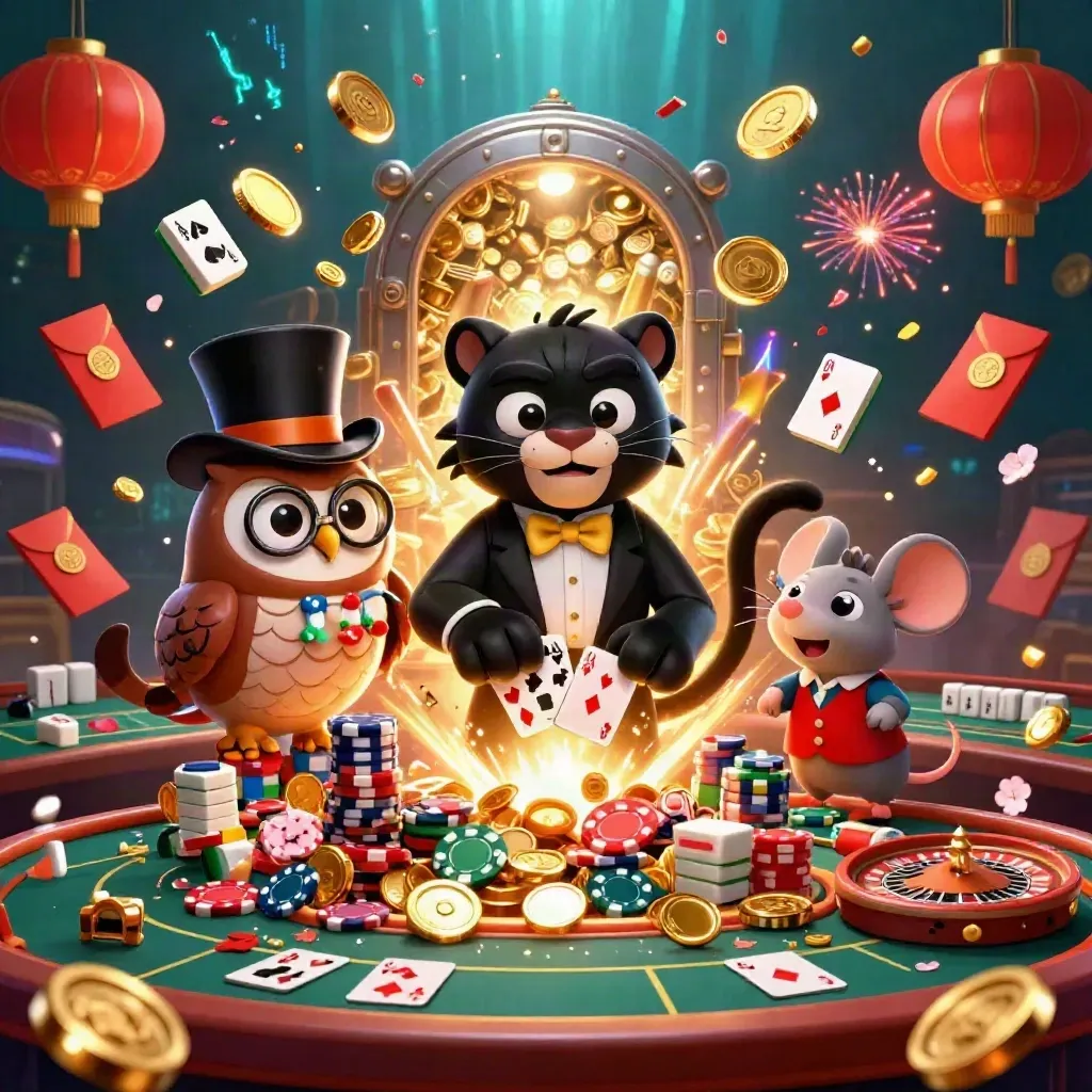 Panther, owl, and mouse in a dazzling casino treasure burst with gold coins and fireworks.