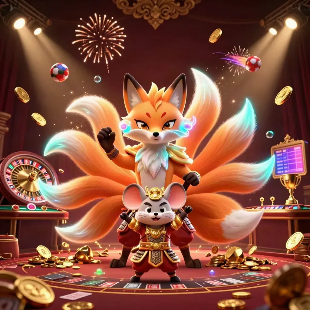 Fox spirit and armored mouse amid vault coins, roulette, cards, trophy, and fireworks.