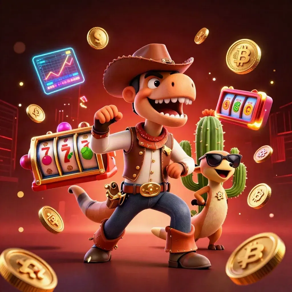 Cowboy T-Rex, cactus sidekick, and roadrunner amid glowing casino coins and neon slot effects