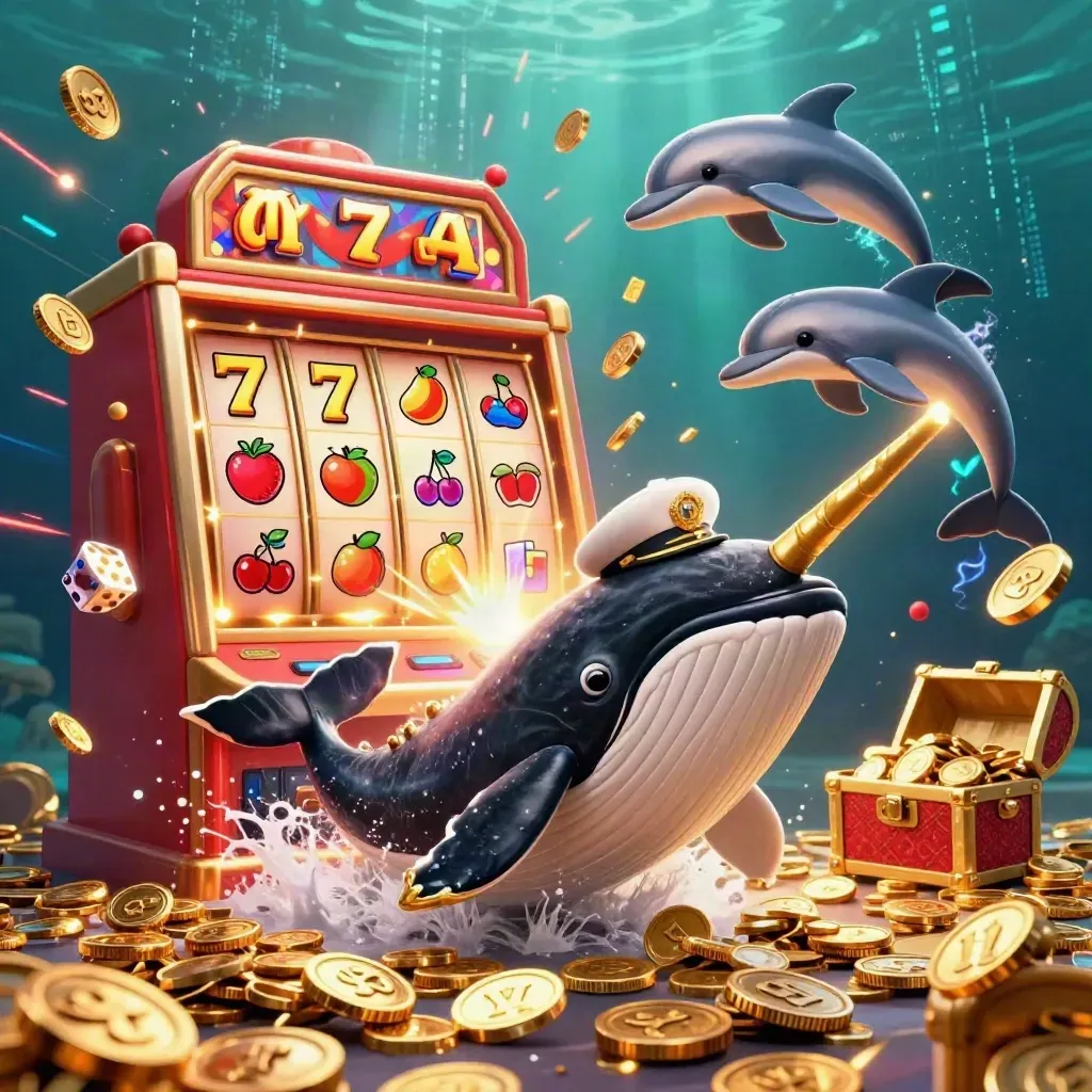 Whale captain, narwhal, dolphins, and slot machine explode from gold coins in an underwater casino scene.