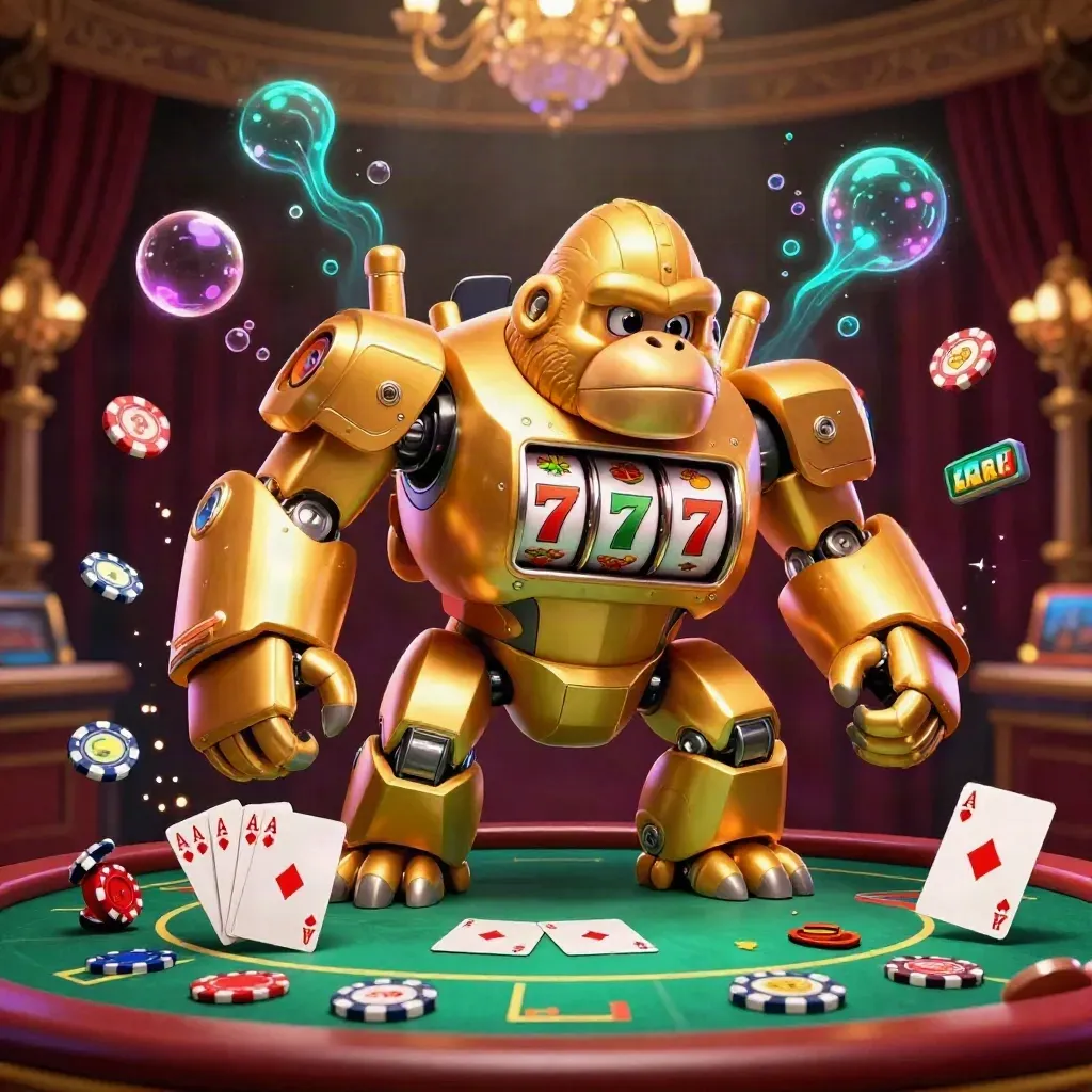 Golden gorilla slot mech with tiny monkey pilot amid chips, cards, and neon casino glow.