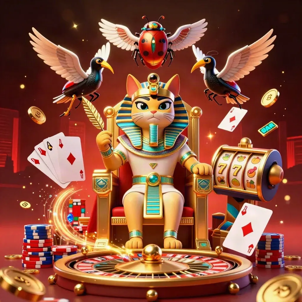 Pharaoh cat throne hero with ibis, scarabs, casino symbols, gold coins, and cyan neon glow.