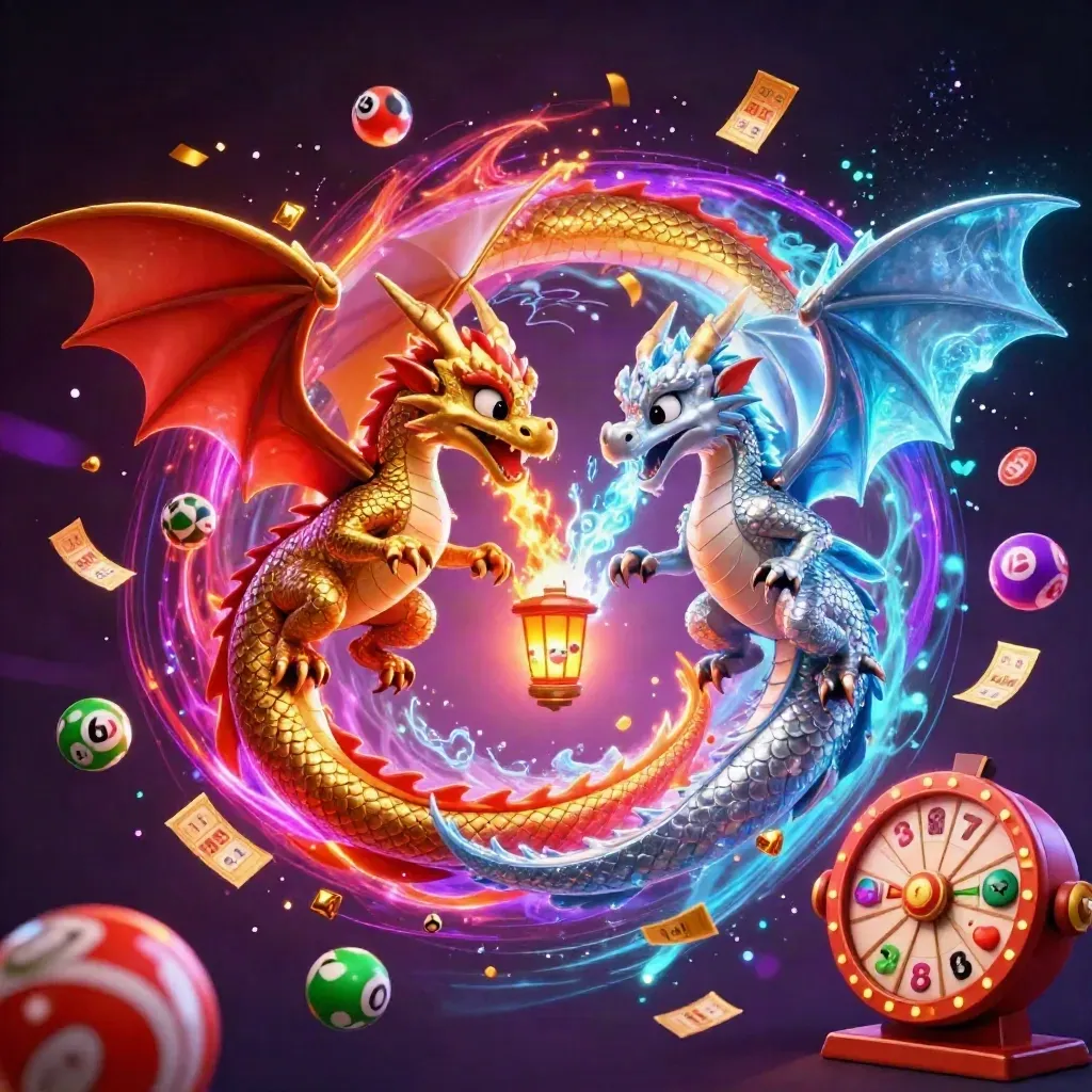 Gold and silver dragons spiral with a tiny lantern spirit, casino symbols and neon energy