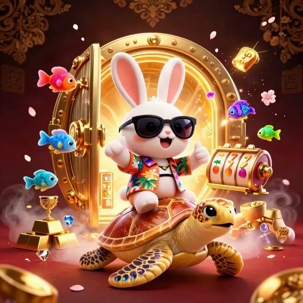 Lucky rabbit rides a golden turtle amid casino treasure, glowing vault, petals, and reels.