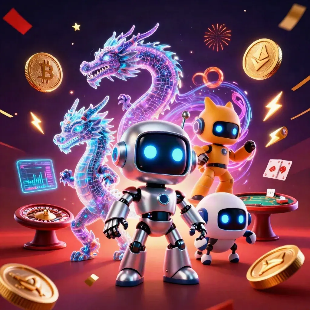 Cyberpunk robot, holographic dragon, and coin drone amid casino symbols and neon energy.