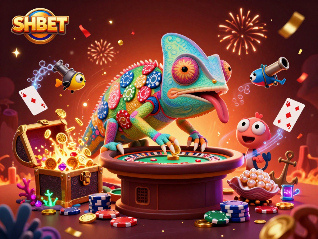Win big with SHBET at the vibrant casino scene featuring an animated chameleon and treasures.