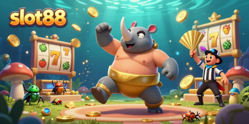 Slot88 menampilkan juara sumo kumbang badak 3D yang stomping dengan koin emas berterbangan, dikelilingi simbol slot.