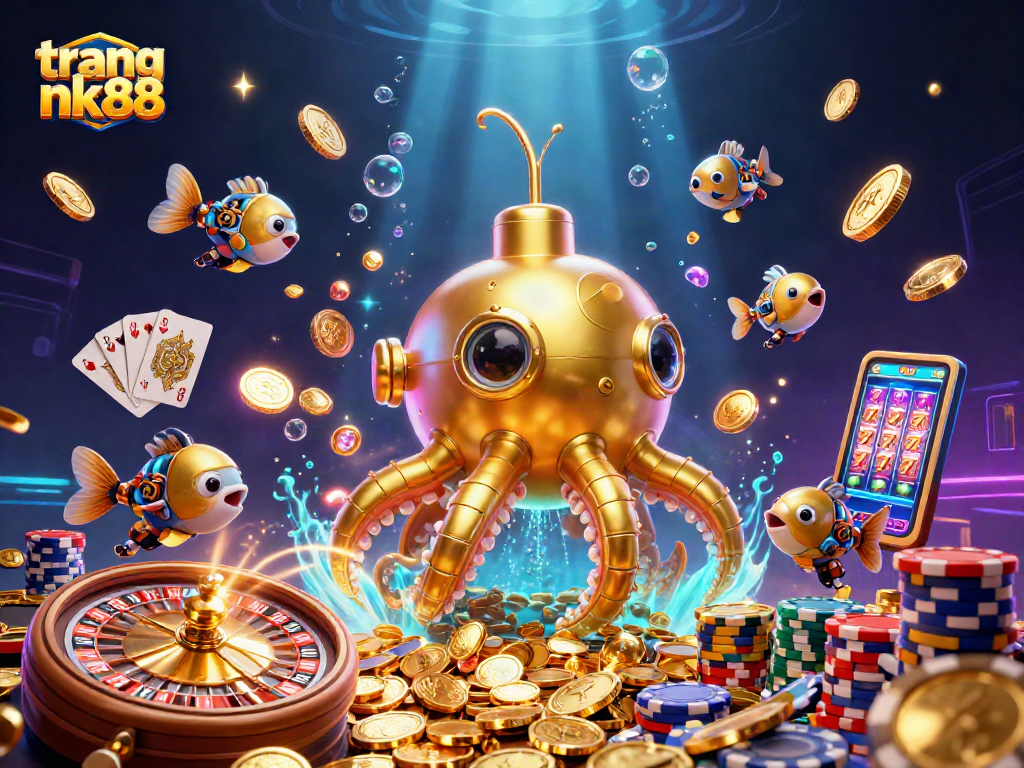 Experience the thrill of trang nk88 with a golden kraken submarine amidst vibrant casino elements.
